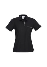 Ladies Edge Polo in Black/Check, Size 6, featuring a stylish check placket, chest pocket, and comfortable fabric blend.