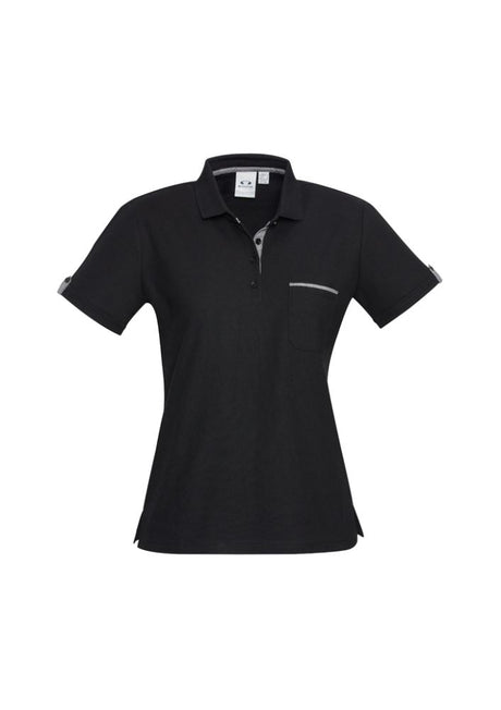 Ladies Edge Polo in Black/Check, Size 6, featuring a stylish check placket, chest pocket, and comfortable fabric blend.