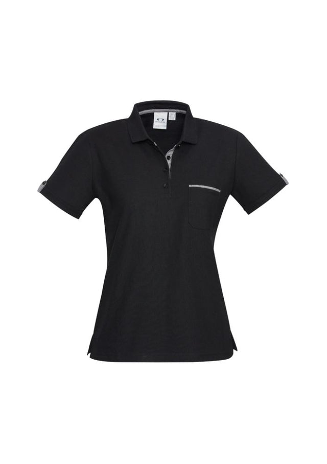 Ladies Edge Polo in Black/Check, Size 6, featuring a stylish check placket, chest pocket, and comfortable fabric blend.