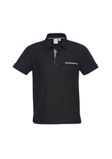 Men's Edge Polo in Black/Check, size M, featuring a stylish collar trim, chest pocket, and UPF protection for casual elegance.