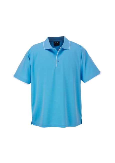 Mens Elite Polo in Aqua Blue and White, size 5XL, featuring breathable polyester, moisture-wicking, and stylish self-check pattern.