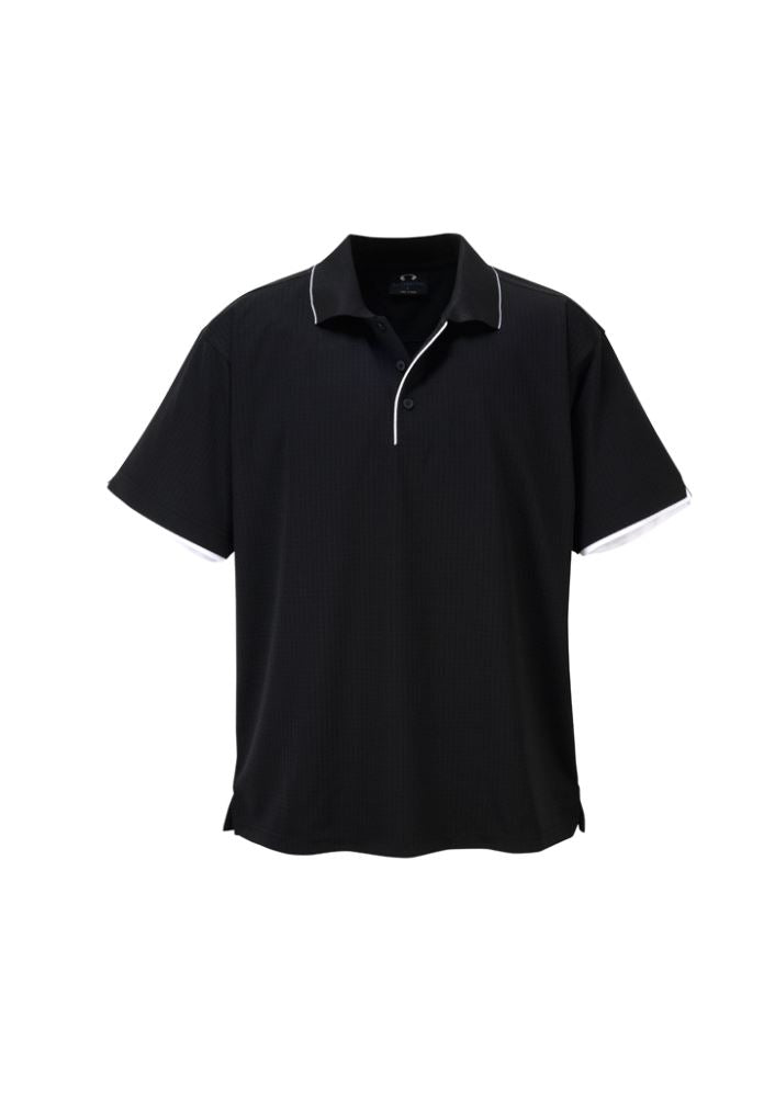 Men's Elite Polo in black and white, size L, featuring breathable fabric, textured pattern, and contrast trim for stylish comfort.