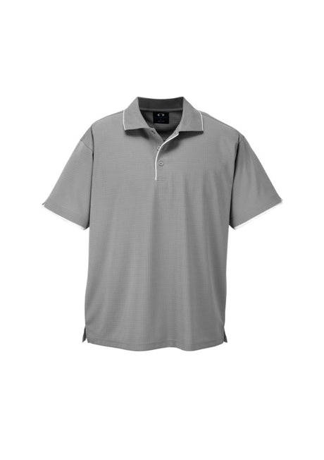 Men's Elite Polo in Silver Grey/White, featuring breathable polyester, contrast trims, side splits, and a loose pocket. Size L.