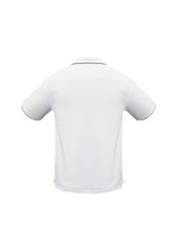 Men's Elite Polo in white and black, featuring breathable fabric, UPF protection, and stylish details for versatile wear.