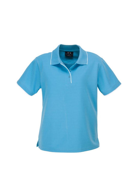 Aqua blue and white Ladies Elite Polo, size 20, featuring UPF protection, stylish trims, and breathable fabric for comfort.