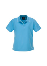 Aqua blue and white Ladies Elite Polo shirt, size 12, features breathable fabric, contrast trim, and side splits for comfort.