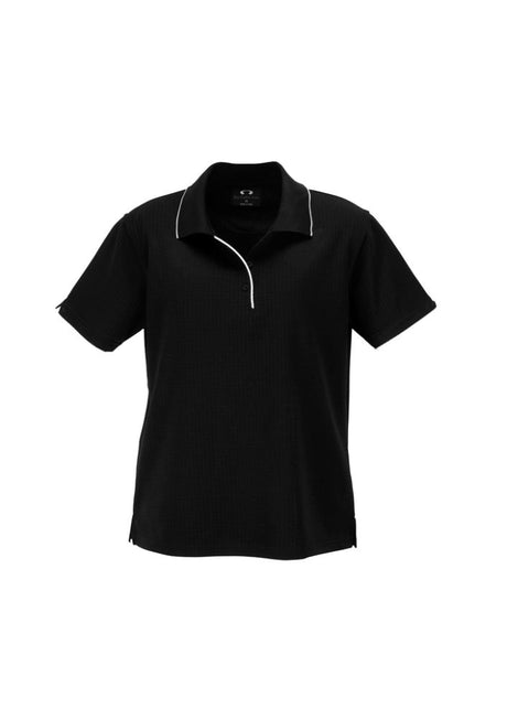 Ladies Elite Polo in black and white, size 8, featuring breathable fabric, stylish design, and UPF protection for outdoor comfort.