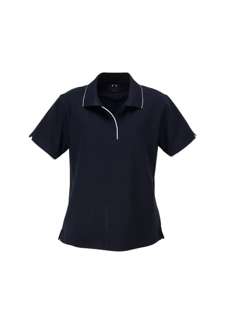 Ladies Elite Polo in navy/white, size 20, featuring breathable fabric, contrast trim, and stylish side splits for mobility.