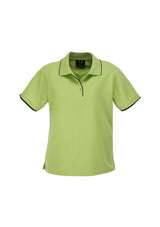 Ladies Elite Polo in pistachio and navy, size 24, featuring breathable fabric, stylish trims, and comfortable side splits.