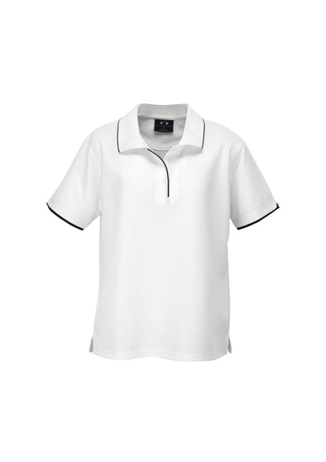 Ladies Elite Polo in White/Black, size 24, featuring breathable fabric, stylish trims, and side splits for comfort and mobility.