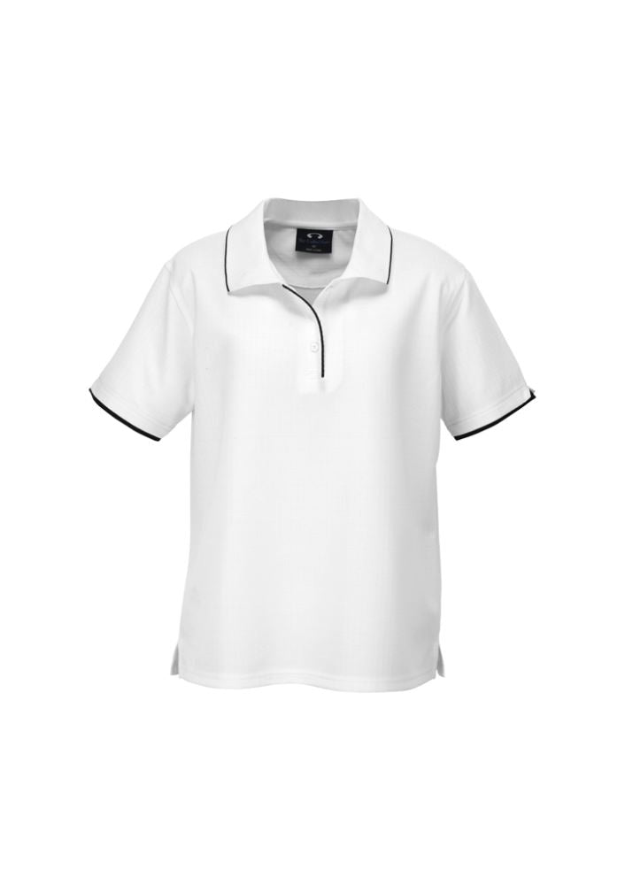 Ladies Elite Polo in white and black, size 8, featuring breathable fabric, stylish trim, and versatile design for any occasion.