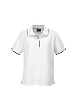 Ladies Elite Polo in white and black, size 8, featuring breathable fabric, stylish trim, and versatile design for any occasion.