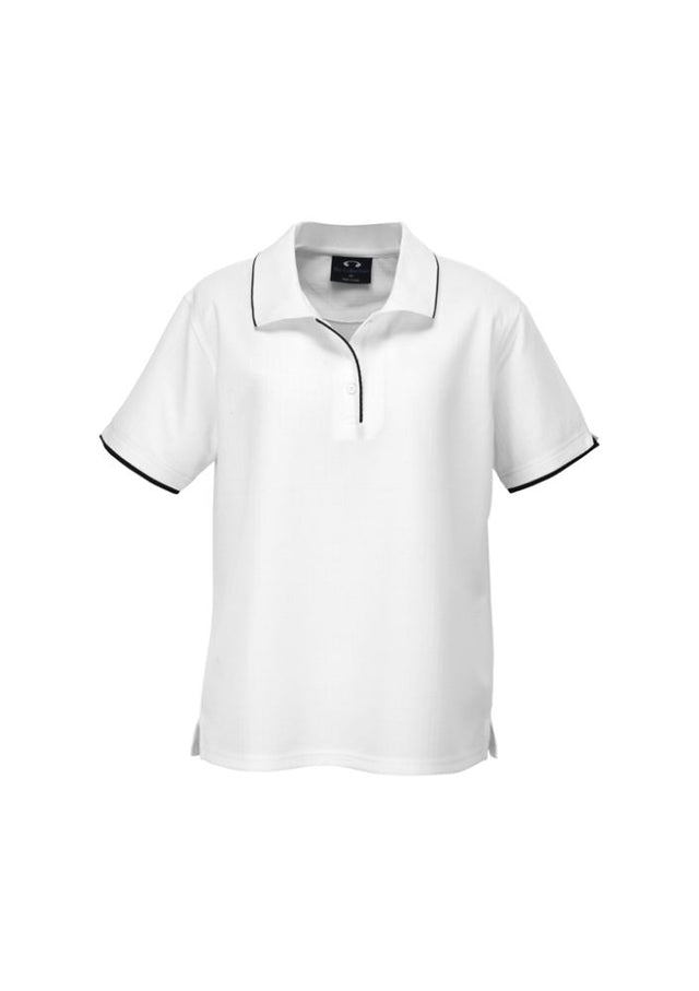 Ladies Elite Polo in white and black, size 8, featuring breathable fabric, stylish trim, and versatile design for any occasion.