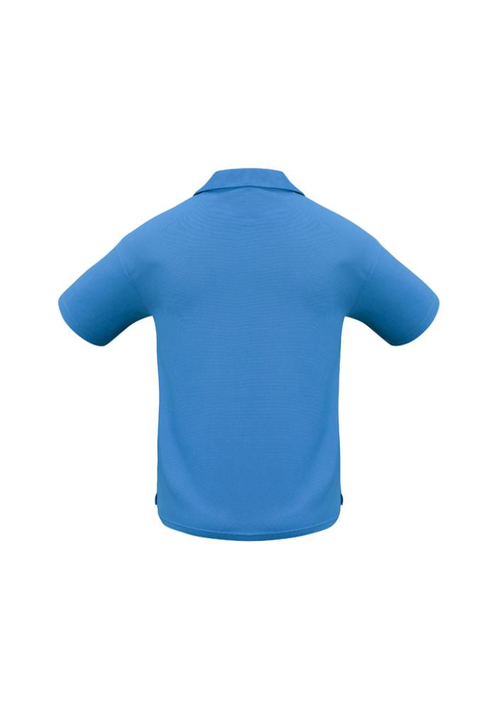 Men’s Azure Blue Micro Waffle Polo shirt, lightweight and breathable, features a sleek collar, side splits, and a pocket. Size S.