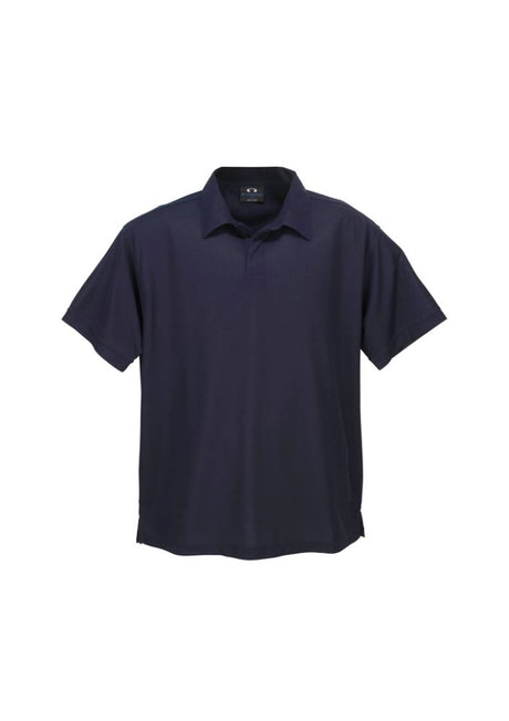 Men's Micro Waffle Polo in navy, size 5XL, featuring breathable fabric, self-fabric collar, and side splits for comfort.