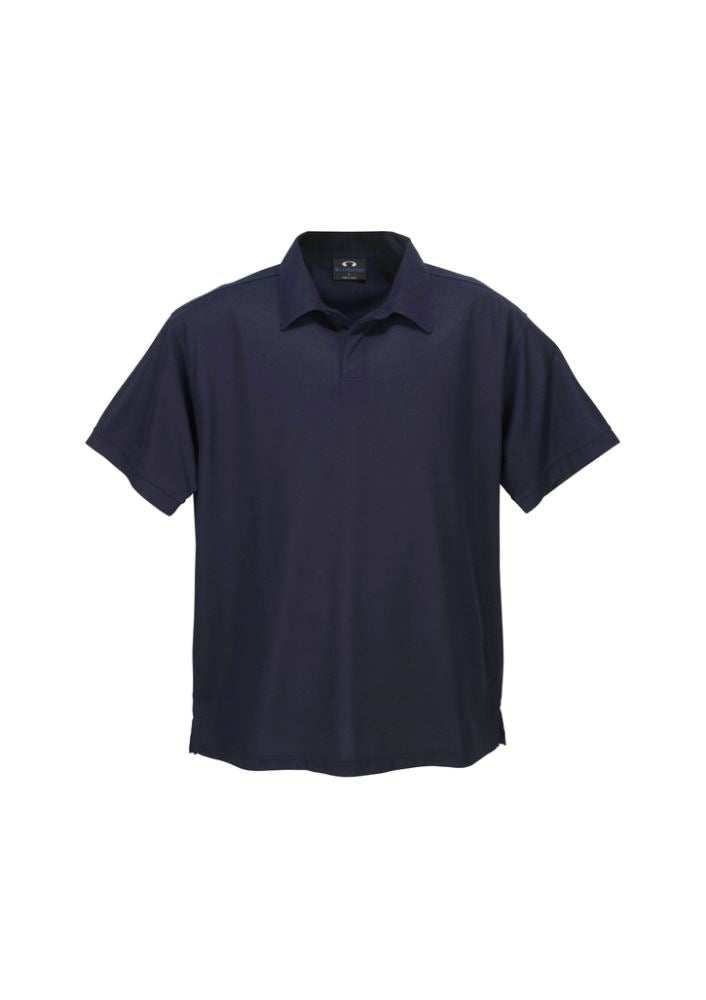 Men's Micro Waffle Polo in Navy, size M, featuring breathable fabric, self-fabric collar, and stylish side splits.