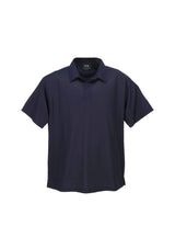Men's Micro Waffle Polo in Navy, size M, featuring breathable fabric, self-fabric collar, and stylish side splits.