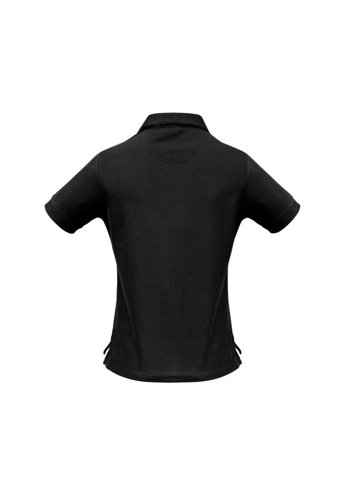Ladies Micro Waffle Polo in black, size 18, featuring breathable fabric, zipper placket, self-cuffs, and side splits for comfort.