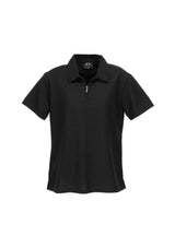 Ladies Micro Waffle Polo in black for size 20, featuring a zip placket, breathable fabric, and side splits for comfort and style.