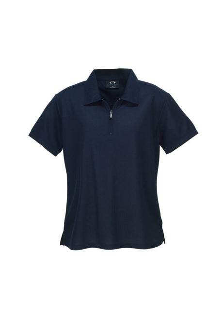 Navy ladies micro waffle polo shirt, Size 24, featuring breathable fabric, zipper placket, and chic design for comfort.