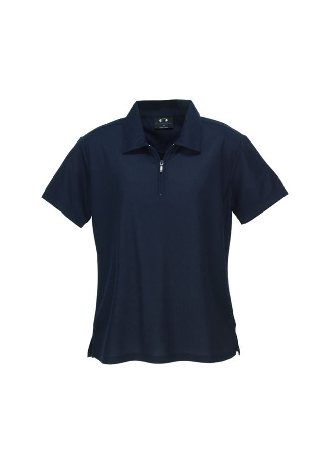 Navy Ladies Micro Waffle Polo size 18, featuring breathable fabric, zipper placket, and side splits for comfort and style.