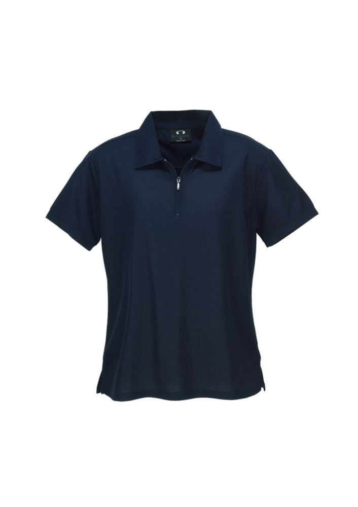 Navy ladies micro waffle polo shirt in size 22, featuring breathable fabric, zipper placket, and stylish side splits.