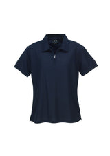 Navy ladies micro waffle polo shirt in size 22, featuring breathable fabric, zipper placket, and stylish side splits.