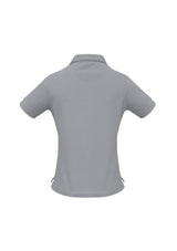 Ladies silver grey micro waffle polo in size 8, featuring a zipper placket, self-fabric collar, and side splits for ease of movement.