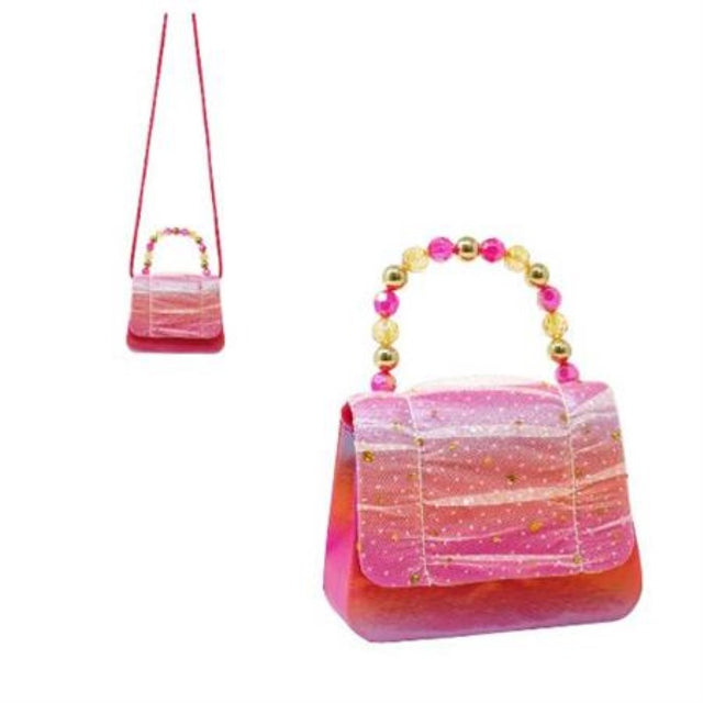 Hot pink shimmer handbags with beaded handles and gem details, designed for kids' play and storage, set of 2.