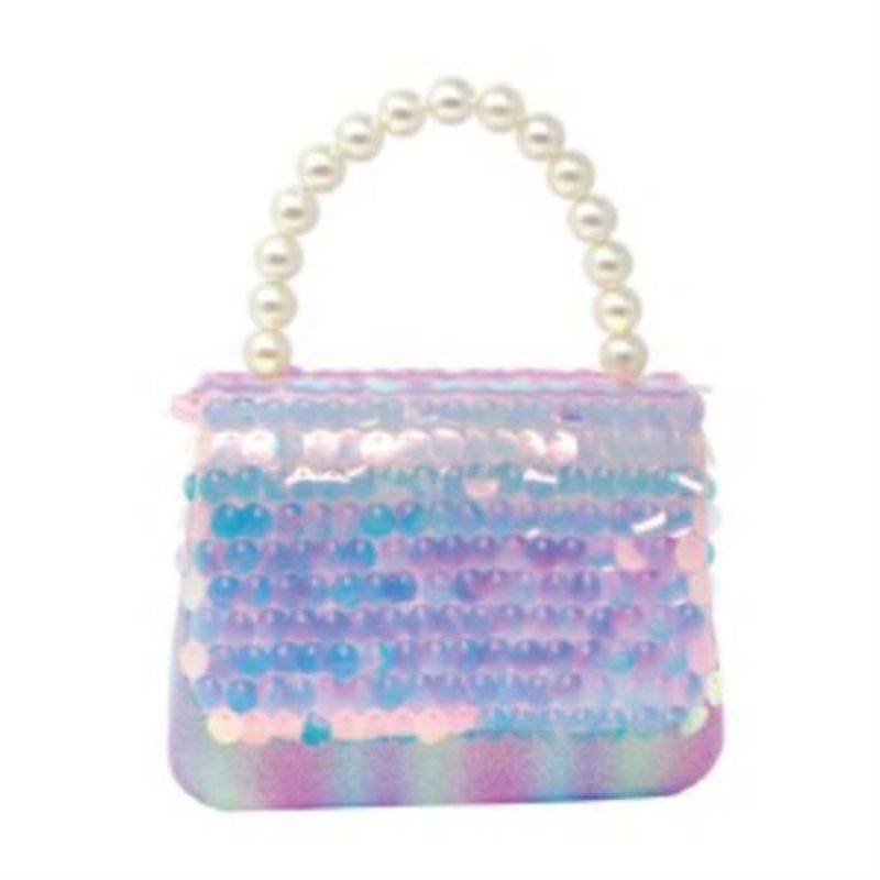 Colorful mermaid sequin handbag with beaded handle, magnetic closure, and shoulder strap, perfect for young fashionistas.