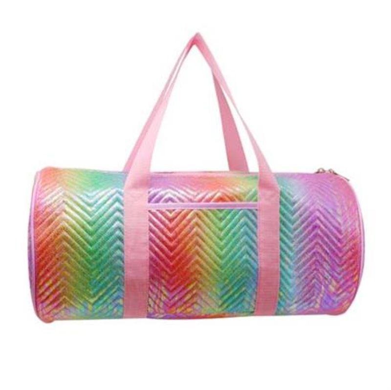 Vibrant unicorn-themed duffle bag with shimmery fabric, spacious compartments, and adjustable shoulder strap, perfect for kids.