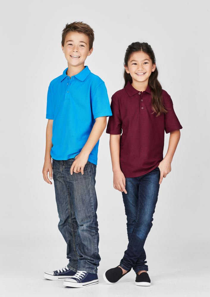 Kids Crew Polo in vibrant red, size 14, featuring soft polyester-cotton blend, UPF protection, and stylish three-button placket.