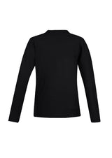 Textured black long sleeve polo for women, size 8, featuring a Y-placket, durable stitching, and UPF protection.