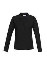Black long sleeve polo for women, size 10, featuring UPF protection, stylish Y-placket, and durable fabric from Biz Collection.