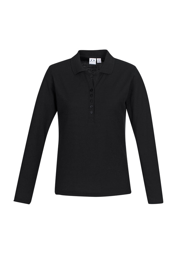 Black long sleeve polo for women, size 10, featuring UPF protection, stylish Y-placket, and durable fabric from Biz Collection.