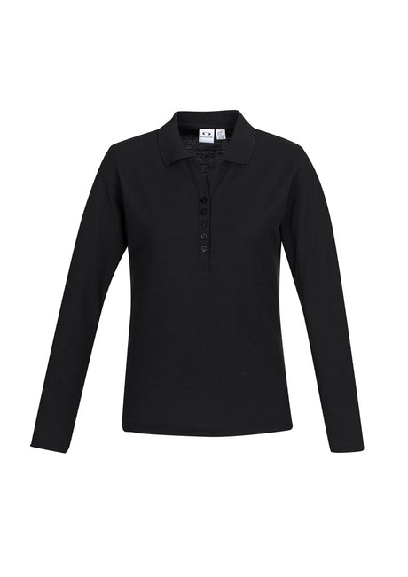 Long sleeve black polo for women featuring a Y-placket, knitted collar, and durable construction, perfect for stylish comfort.