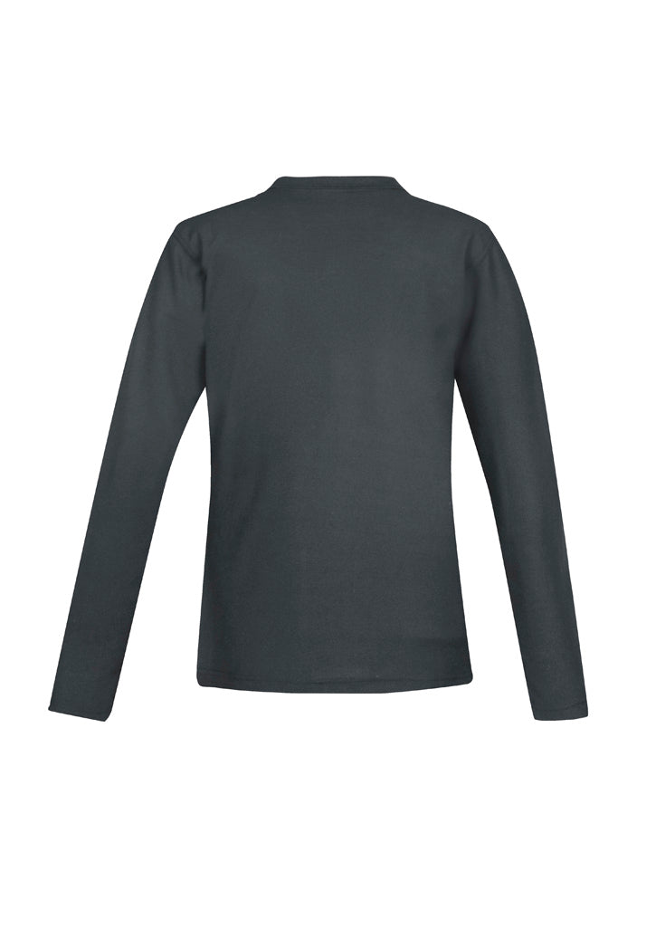 Charcoal long sleeve polo for ladies, size 8, featuring a stylish Y-placket, knitted collar, and UPF sun protection.