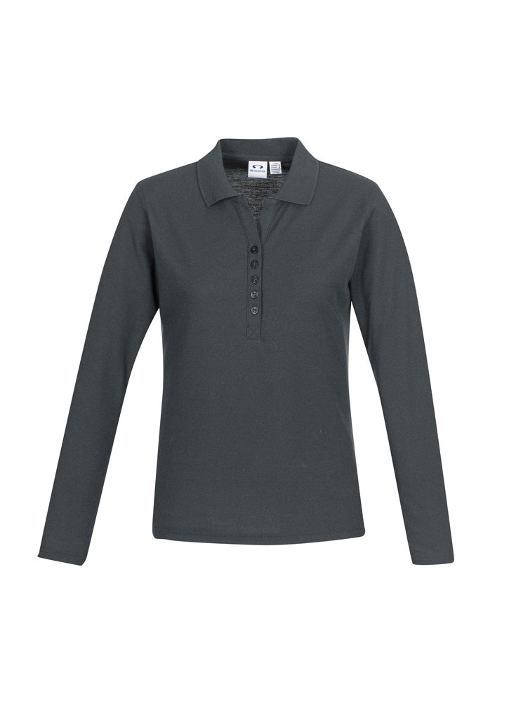 Stylish charcoal long sleeve polo for women, made from a durable blend, offering comfort and a flattering fit.