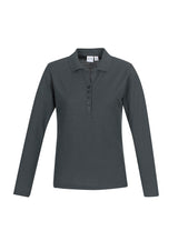 Charcoal long-sleeve polo for women featuring a Y-placket, durable fabric, and UPF protection, ideal for work or casual wear.