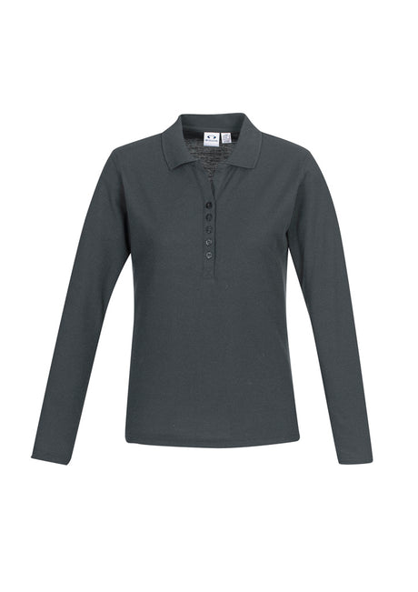 Charcoal long-sleeve polo for women featuring a Y-placket, durable fabric, and UPF protection, ideal for work or casual wear.