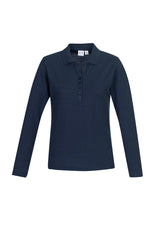 Navy long sleeve polo for women, featuring a stylish Y-placket and sun protection, perfect for casual or corporate wear.