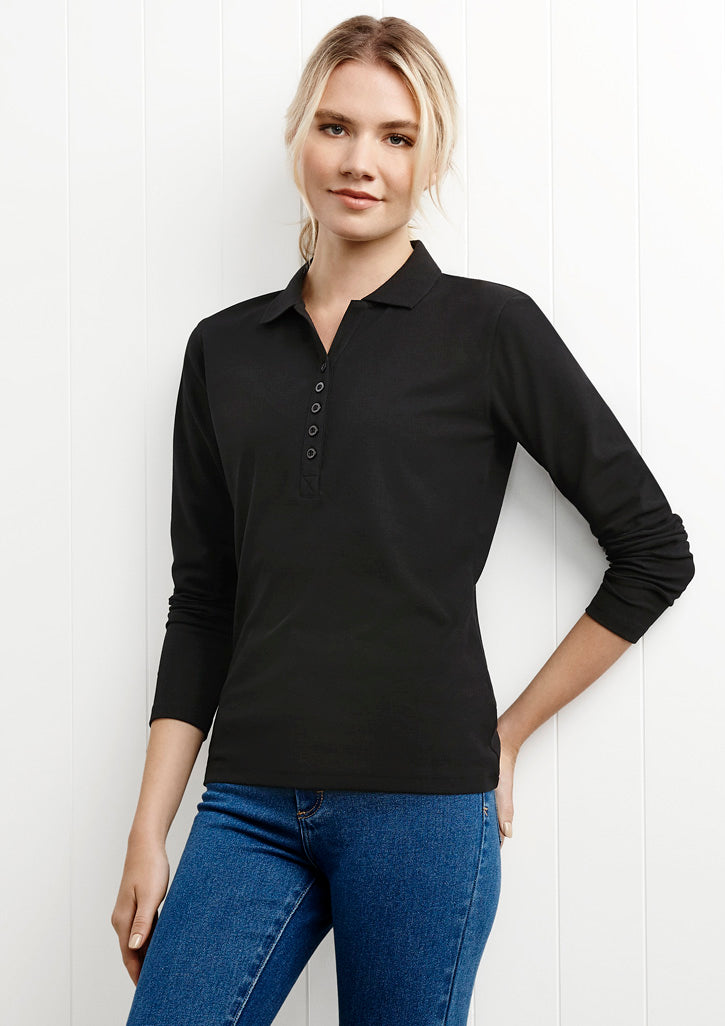 Stylish charcoal long sleeve polo for ladies, featuring a ribbed collar and Y-placket, combining elegance with comfort.