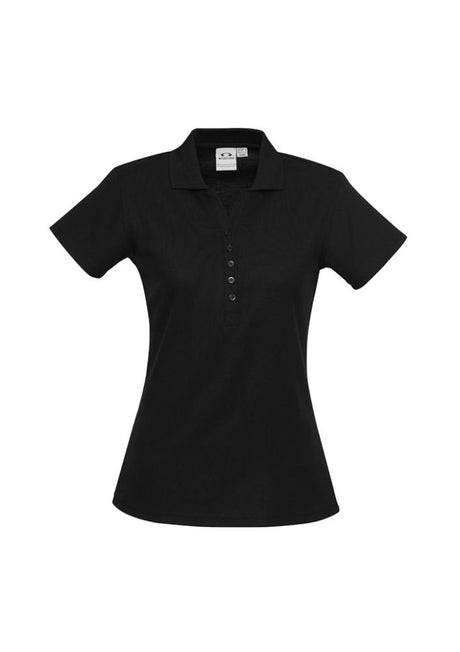 Ladies Crew Polo in black, Size 10, featuring a stylish Y-placket, soft fabric, and UPF protection for versatile wear.