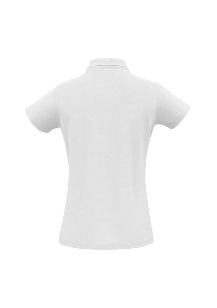 Ladies Crew Polo in white, size 24, featuring durable fabric and stylish Y-placket, ideal for casual or work settings.