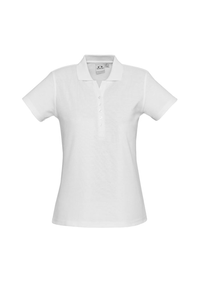 Ladies Crew Polo in White, Size 10, featuring a breathable pique texture, knitted collar, and Y-placket for chic versatility.