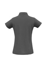 Ladies Crew Polo in Charcoal, Size 14 with a stylish Y-placket, durable stitching, and comfortable blend of polyester and cotton.