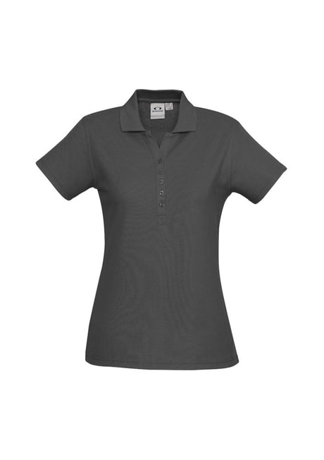 Ladies Crew Polo in Charcoal, Size 8, featuring soft pique fabric, stylish Y-placket, and UV protection for versatile wear.