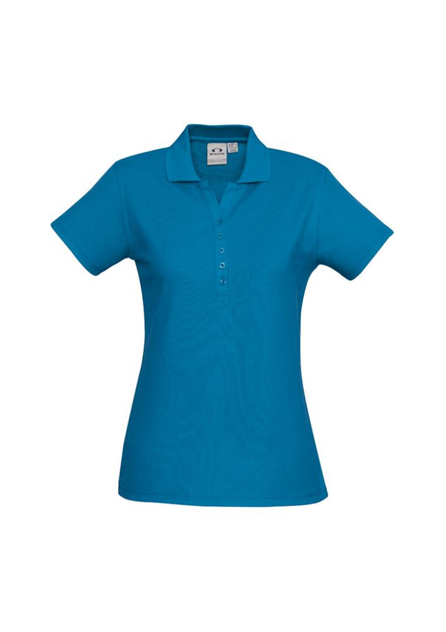 Ladies Crew Polo in Cyan, Size 10, with UPF protection, stylish Y-placket, and durable construction for versatile wear.