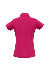 Fuchsia Ladies Crew Polo, Size 14, crafted from a durable polyester-cotton blend with stylish Y-placket and UPF sun protection.