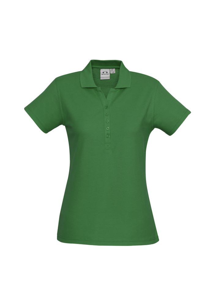 Ladies Crew Polo in Kelly Green, size 16; stylish, comfortable, UV-protected with knitted collar and Y-placket design.